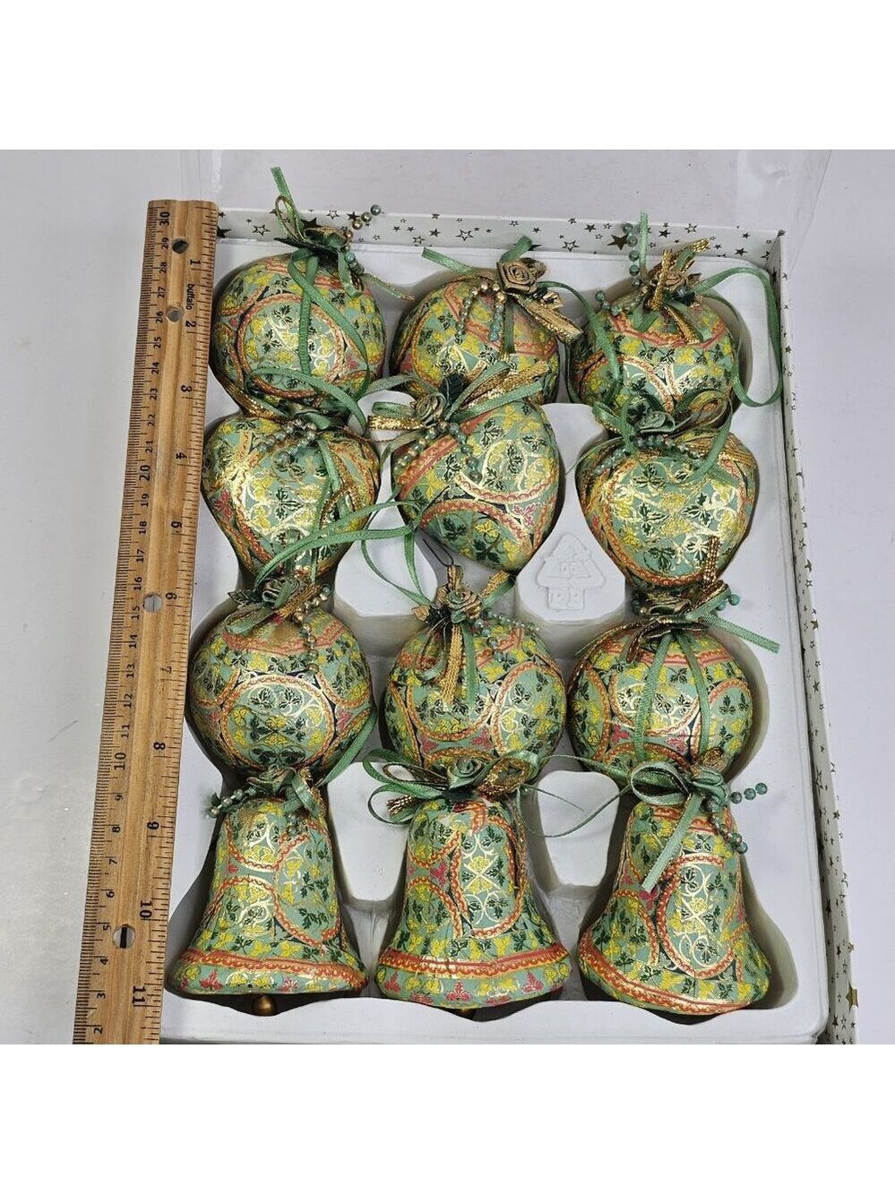Christmas Ornament Set Paper Mache Bell, Round, And Hearts 12pcs Gold Green Etc - Picture 7 of 9